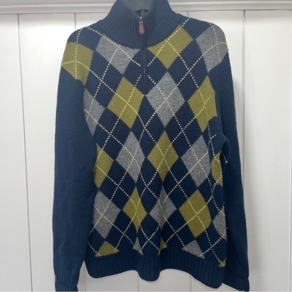 J Crew  100% Lambs Wool Pullover 1/4 Zip Sweater Men's Size Large Blue Patch